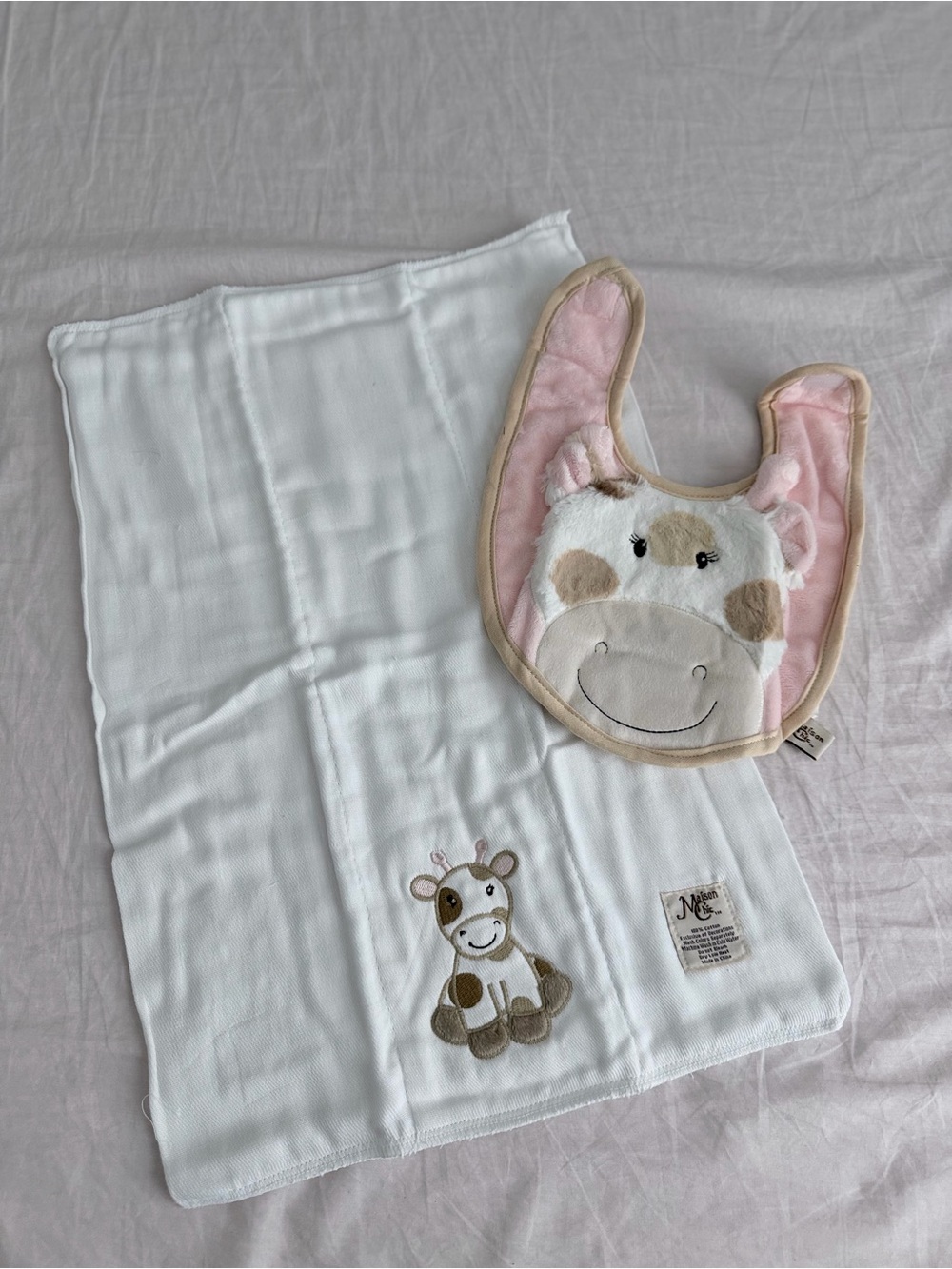 NWOT Baby Bib and Burp Cloth Set - Pink and White Cow Design